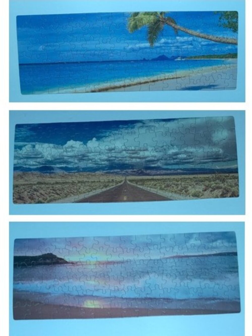 3 Sets of 101 Cardboard Piece Jigsaw Puzzles: Island, Road Trip, Sunset